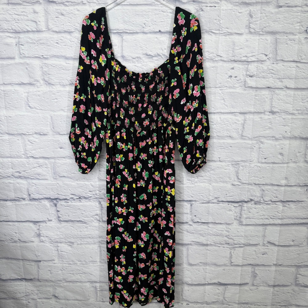 Scoop Floral Smocked Midi Dress Womens XL Black Multi Cottagecore Romantic - Picture 2 of 11